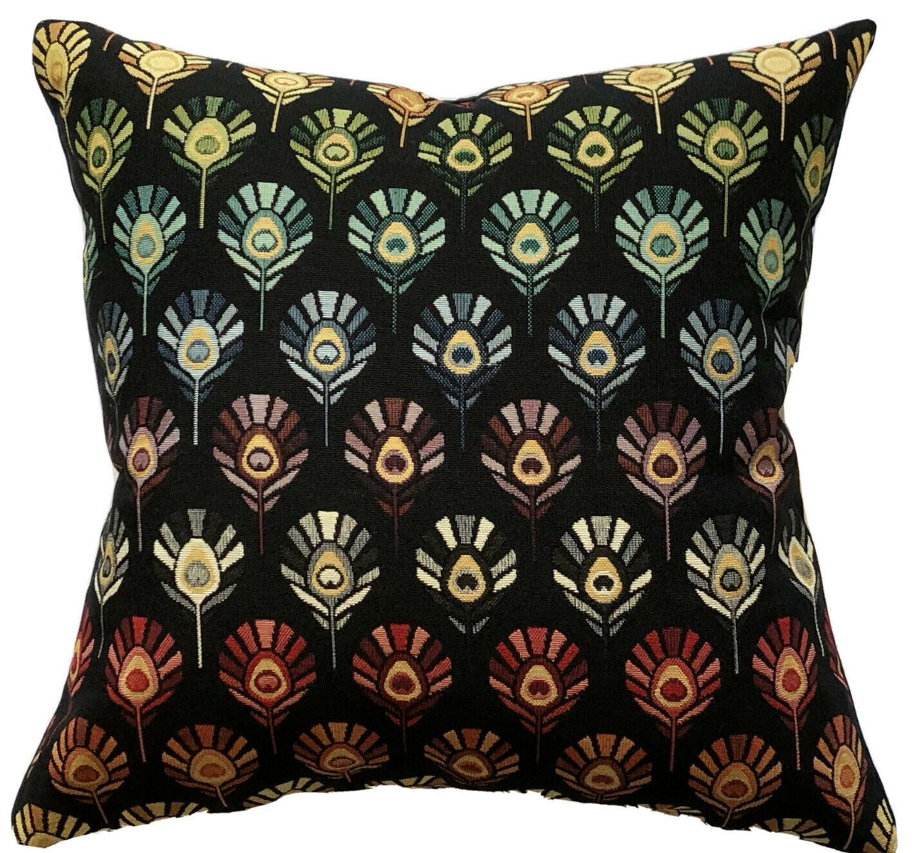 Peacock feathers geometric pattern black cushion cover rainbow colors woven tapestry