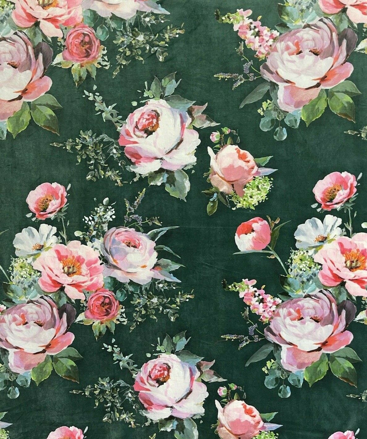 Pink Roses Italian Velvet Printed Fabric Green Floral Painting Deluxe by Meter