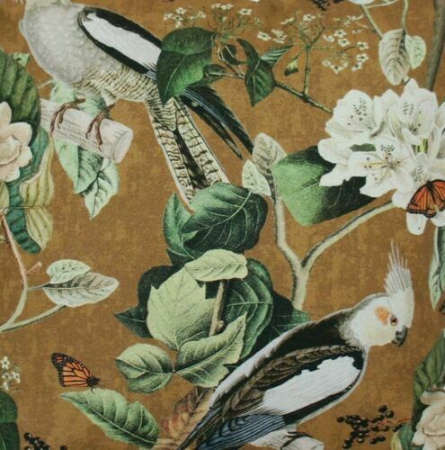 Tropical Fabric Cotton Khaki Green Lemur Birds Monkeys Butterflies by Meter