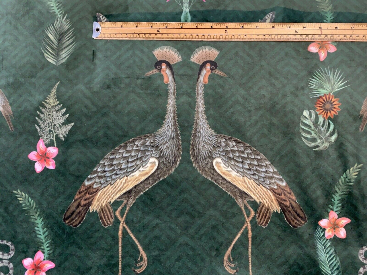 Upholstery Velvet Fabric By Meter Cranes Birds Floral Sewing Material Green Botanical Textile