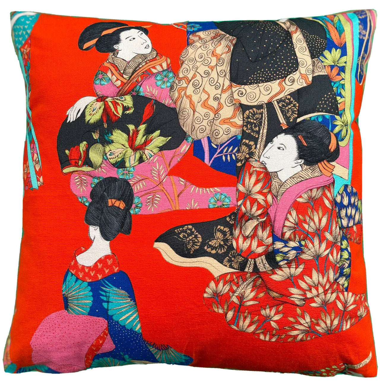 Red Cushion Cover Oriental Japanese Kimono Throw Pillow Case Printed Fabric Orange Red Blue 18"