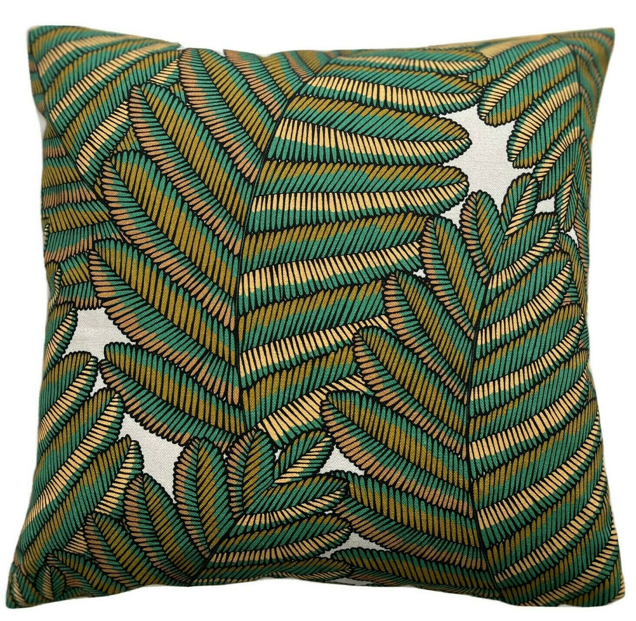 Fern Sofa Throw Pillow Cover Green Cotton Cushion Cover Botanical Couch Decor Plants Grey Yellow Gold Leaves Pattern Kew Garden