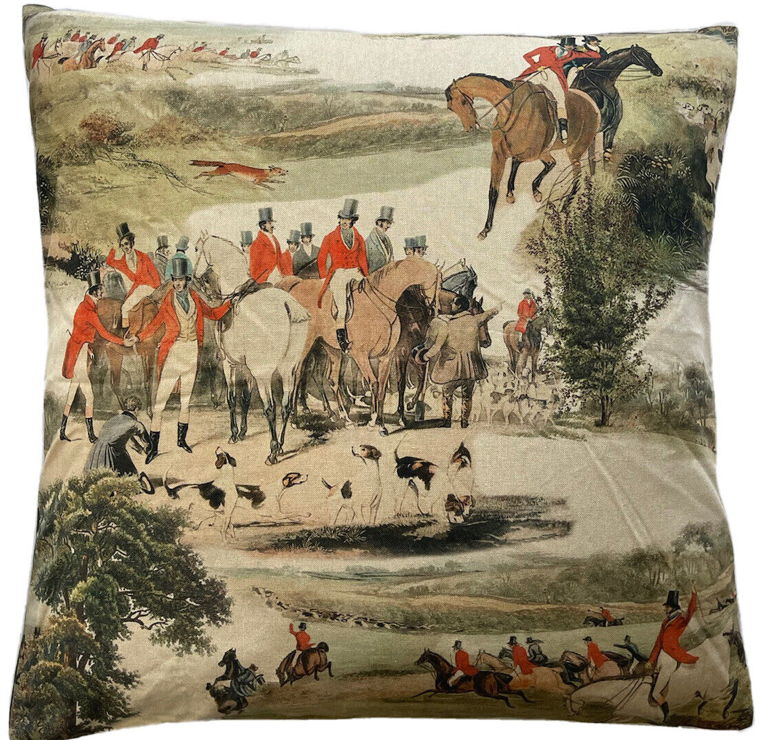 Hunting Season Cushion Cover with equestrian hunting scene, digitally printed cotton front, and green velvet back – handmade 50x50cm pillowcase.